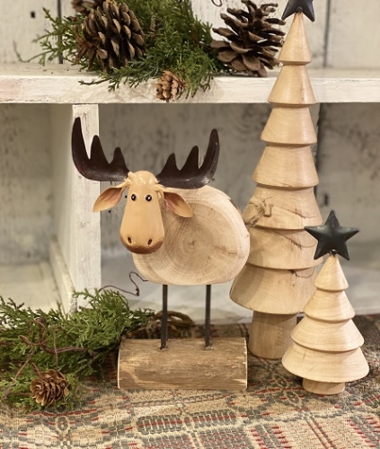 WOODEN MOOSE ON BASE WITH METAL ANTLERS